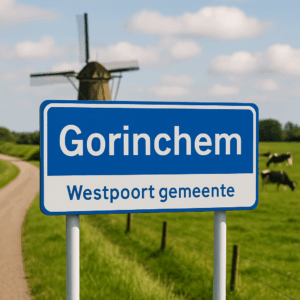 Gorinchem - Westpoort Gemeente - Plaatsnaambord tegen een oud Hollandse achtergrond met een molen - Westpoort,nl