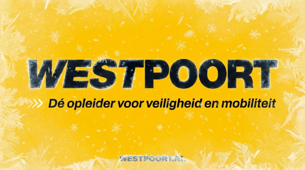 Logo van Opleidingscentrum Westpoort met de tekst Dé opleider voor veiligheid en mobiliteit op een gele achtergrond, versierd met sneeuwvlokken voor het winterse thema.